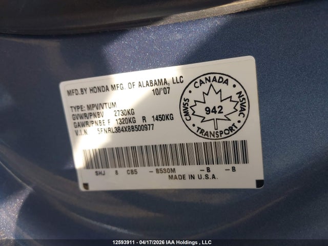 Продаж на аукціоні авто 2008 Honda Odyssey Ex, vin: 5FNRL384X8B500977, номер лоту: 12593911