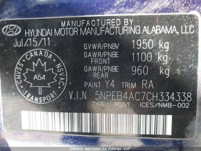 Продаж на аукціоні авто 2012 Hyundai Sonata Gls, vin: 5NPEB4AC7CH334338, номер лоту: 12593917