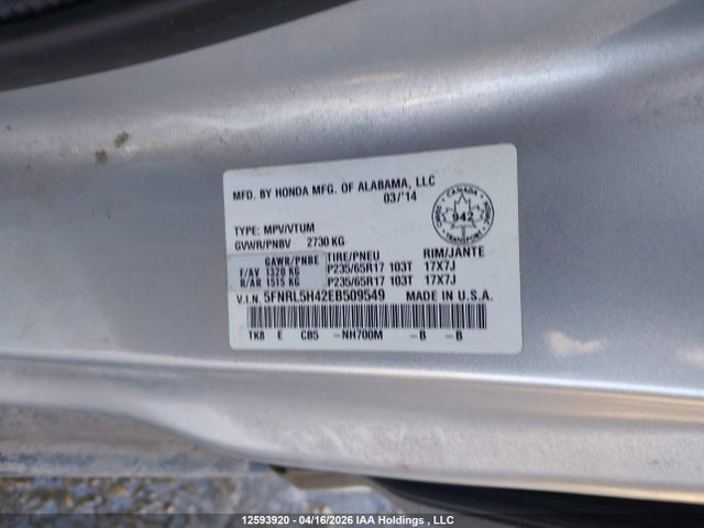 Aukcja sprzedaży 2014 Honda Odyssey Ex, vin: 5FNRL5H42EB509549, numer aukcji: 12593920