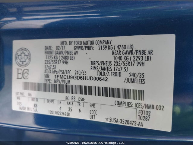 Продаж на аукціоні авто 2017 Ford Escape Se, vin: 1FMCU9GD6HUD00642, номер лоту: 12593923