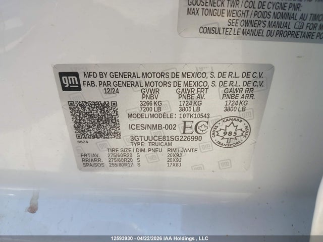 Продаж на аукціоні авто 2025 Gmc Sierra 1500, vin: 3GTUUCE81SG226990, номер лоту: 12593930