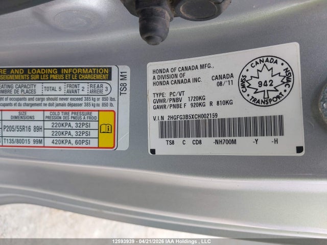 Aukcja sprzedaży 2012 Honda Civic Ex, vin: 2HGFG3B5XCH002159, numer aukcji: 12593939