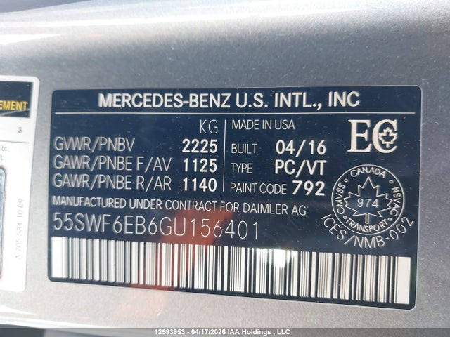 Aukcja sprzedaży 2016 Mercedes-benz C 450 Amg 4matic, vin: 55SWF6EB6GU156401, numer aukcji: 12593953