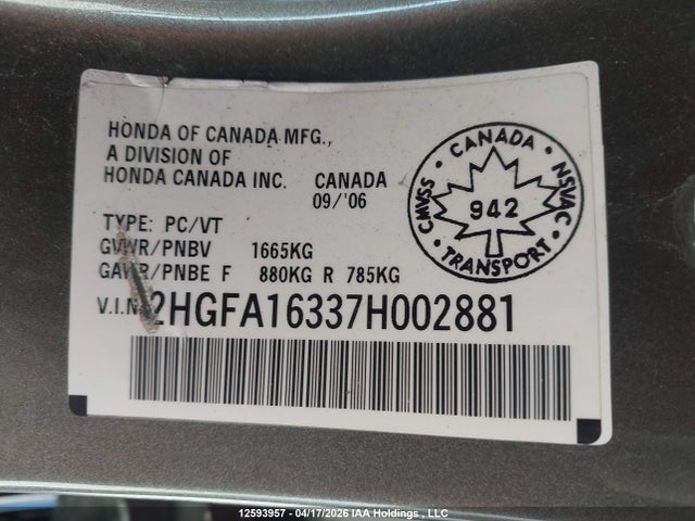 Продаж на аукціоні авто 2007 Honda Civic Dx, vin: 2HGFA16337H002881, номер лоту: 12593957