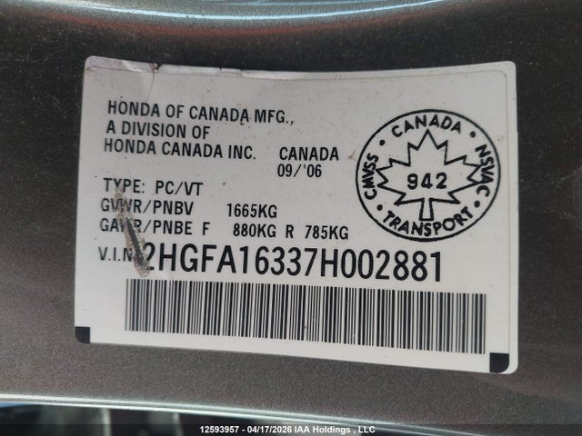 Продаж на аукціоні авто 2007 Honda Civic Dx, vin: 2HGFA16337H002881, номер лоту: 12593957