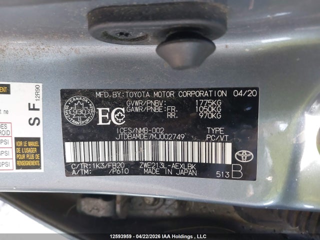 Продажа на аукционе авто 2021 Toyota Corolla Hybrid Base W/li Battery, vin: JTDBAMDE7MJ002749, номер лота: 12593959
