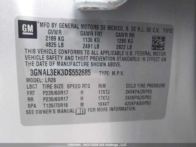12593964 :رقم المزاد ، 3GNAL3EK3DS552685 vin ، 2013 Chevrolet Captiva Lt مزاد بيع