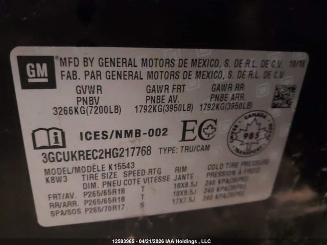 12593965 :رقم المزاد ، 3GCUKREC2HG217768 vin ، 2017 Chevrolet Silverado 1500 1lt مزاد بيع