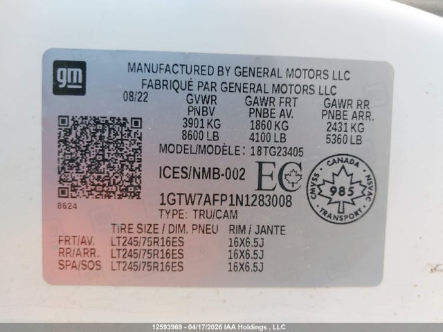 2022 Gmc Savana G2500 მანქანა იყიდება აუქციონზე, vin: 1GTW7AFP1N1283008, აუქციონის ნომერი: 12593969