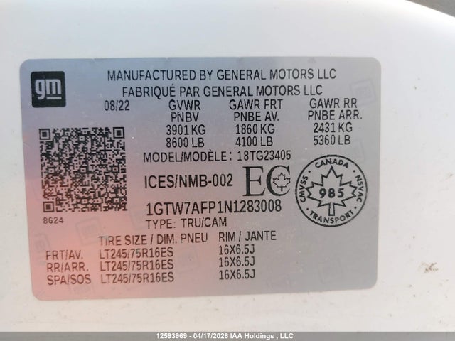 2022 Gmc Savana G2500 მანქანა იყიდება აუქციონზე, vin: 1GTW7AFP1N1283008, აუქციონის ნომერი: 12593969
