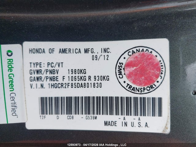 2013 Honda Accord Ex-l მანქანა იყიდება აუქციონზე, vin: 1HGCR2F85DA801830, აუქციონის ნომერი: 12593973