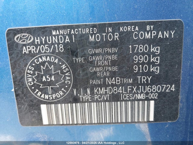 KMHD84LFXJU680724 Hyundai ELANTRA GL