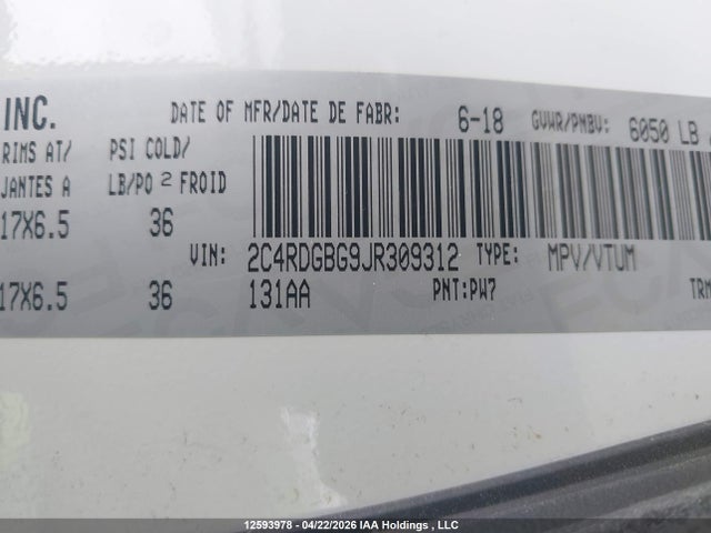 Aukcja sprzedaży 2018 Dodge Grand Caravan Se, vin: 2C4RDGBG9JR309312, numer aukcji: 12593978