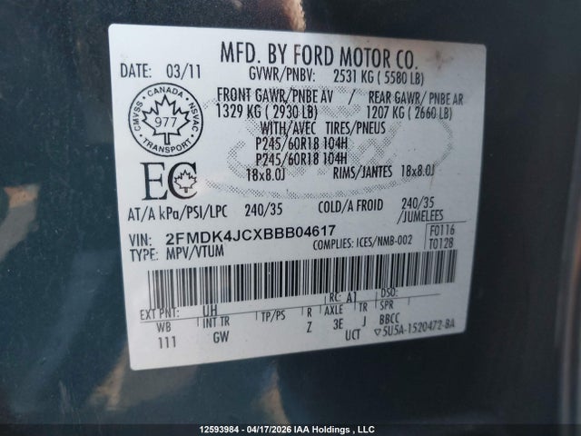 Продажа на аукционе авто 2011 Ford Edge Sel, vin: 2FMDK4JCXBBB04617, номер лота: 12593984