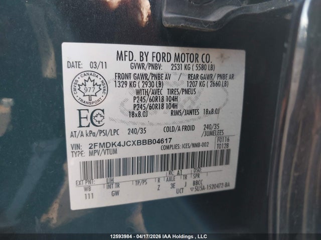 Продажа на аукционе авто 2011 Ford Edge Sel, vin: 2FMDK4JCXBBB04617, номер лота: 12593984