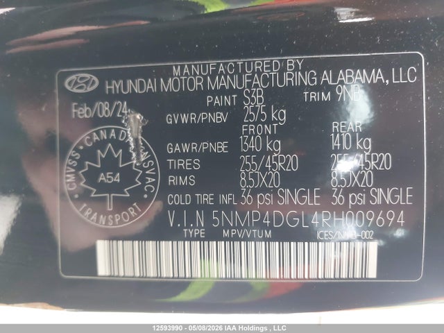 12593990 :رقم المزاد ، 5NMP4DGL4RH009694 vin ، 2024 Hyundai Santa Fe Limited مزاد بيع