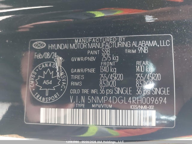 12593990 :رقم المزاد ، 5NMP4DGL4RH009694 vin ، 2024 Hyundai Santa Fe Limited مزاد بيع