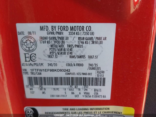 Aukcja sprzedaży 2011 Ford F-150 Xlt, vin: 1FTFW1EF9BKD93242, numer aukcji: 12593997