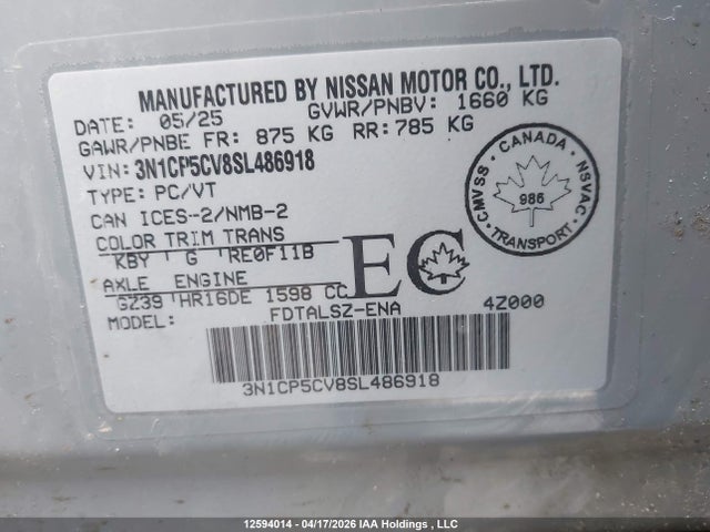 2025 Nissan Kicks Play Sv მანქანა იყიდება აუქციონზე, vin: 3N1CP5CV8SL486918, აუქციონის ნომერი: 12594014
