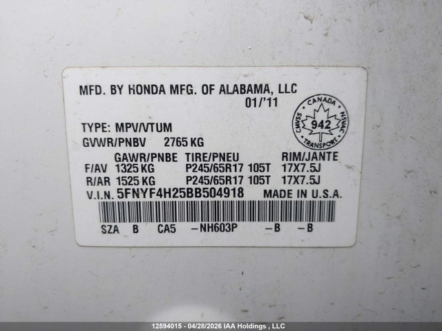 Aukcja sprzedaży 2011 Honda Pilot Lx, vin: 5FNYF4H25BB504918, numer aukcji: 12594015