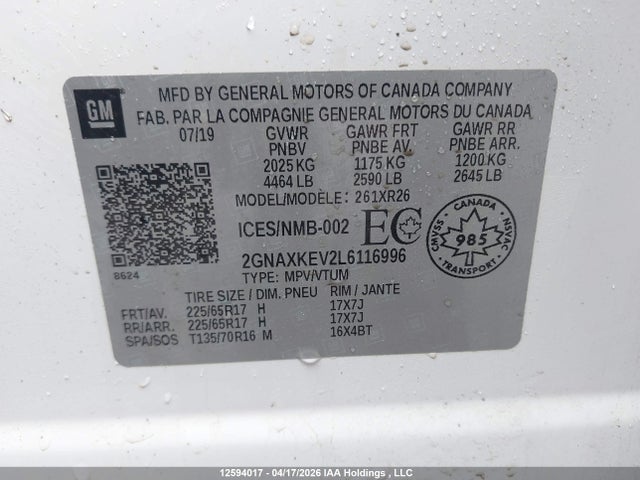 2GNAXKEV2L6116996 Chevrolet EQUINOX LT