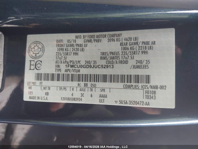 1FMCU0GD9JUC52913 Ford ESCAPE SE