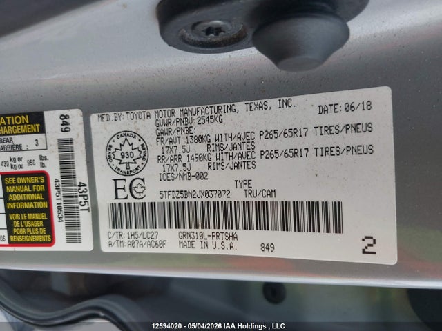 Auction sale of the 2018 Toyota Tacoma, vin: 5TFDZ5BN2JX037072, lot number: 12594020
