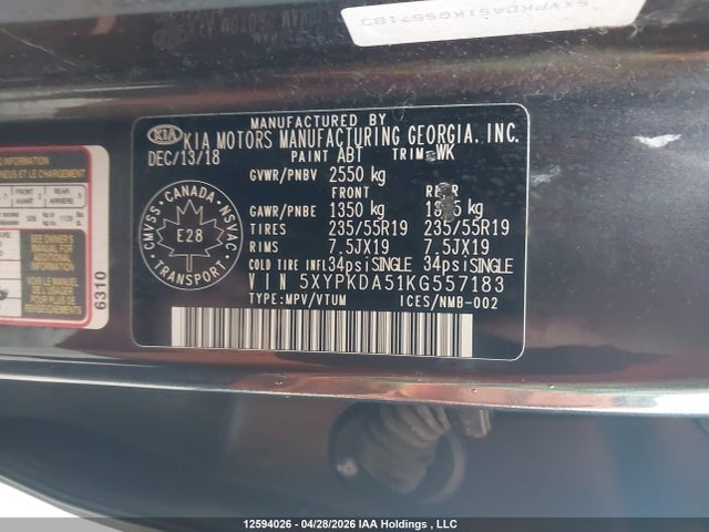 5XYPKDA51KG557183 KIA Sorento 3.3l Sx/3.3l Sxl