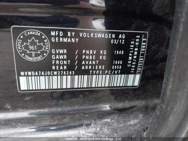 2012 Volkswagen Golf მანქანა იყიდება აუქციონზე, vin: WVWDA7AJ0CW276243, აუქციონის ნომერი: 12594029