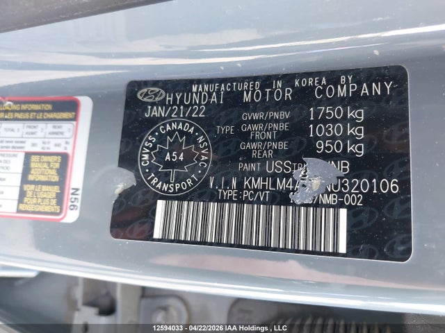 KMHLM4AG3NU320106 Hyundai Elantra Preferred Ivt With Sun And Tech Package
