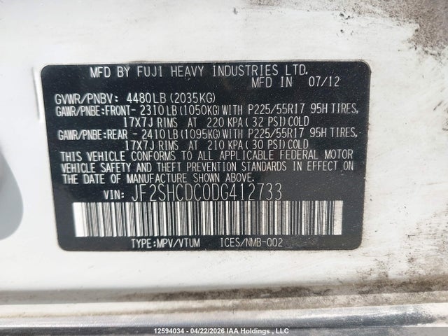 Aukcja sprzedaży 2013 Subaru Forester 2.5x Premium, vin: JF2SHCDC0DG412733, numer aukcji: 12594034