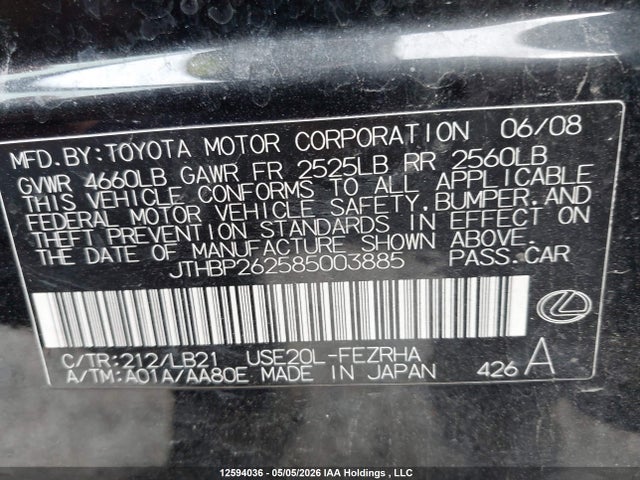 Aukcja sprzedaży 2008 Lexus Is-f, vin: JTHBP262585003885, numer aukcji: 12594036