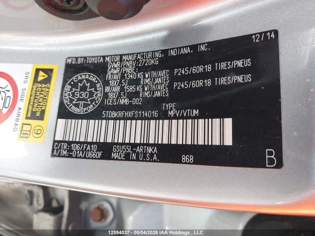 5TDBKRFHXFS114016 Toyota Highlander Le