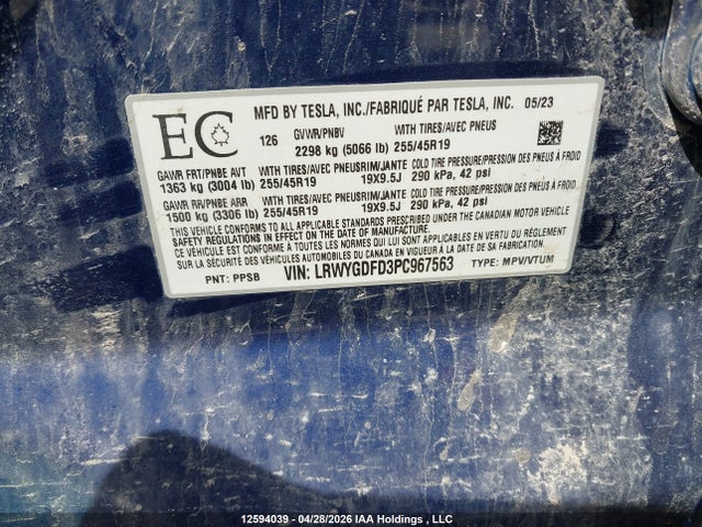 Продаж на аукціоні авто 2023 Tesla Model Y Rwd, vin: LRWYGDFD3PC967563, номер лоту: 12594039