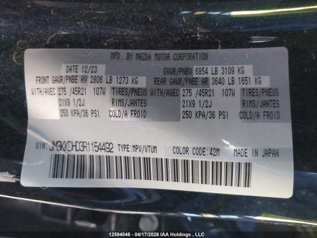 Aukcja sprzedaży 2024 Mazda Cx-90 Mhev Gt, vin: JM3KKDHD3R1154492, numer aukcji: 12594046