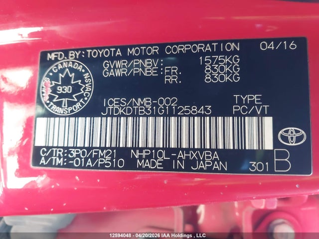 JTDKDTB31G1125843 Toyota PRIUS C