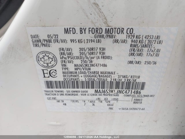 Продаж на аукціоні авто 2022 Ford Ecosport Titanium, vin: MAJ6S3KL3NC471486, номер лоту: 12594056