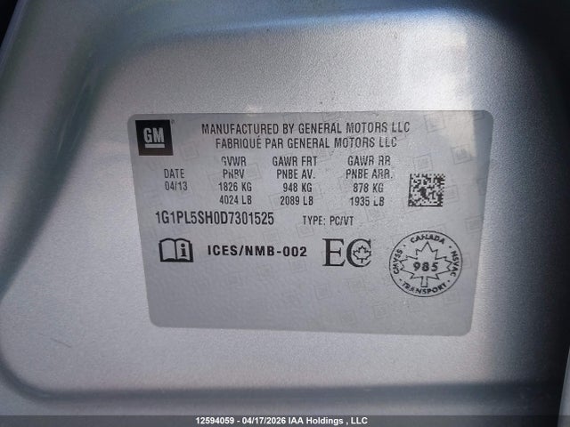 2013 Chevrolet Cruze Ls მანქანა იყიდება აუქციონზე, vin: 1G1PL5SH0D7301525, აუქციონის ნომერი: 12594059