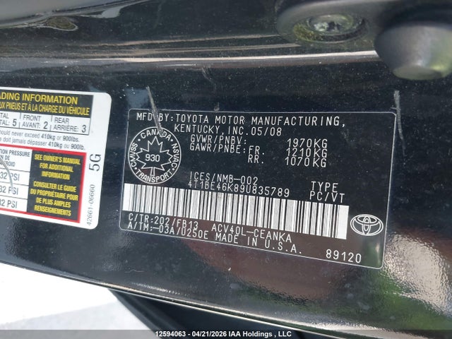 2009 Toyota Camry Le მანქანა იყიდება აუქციონზე, vin: 4T1BE46K89U835789, აუქციონის ნომერი: 12594063
