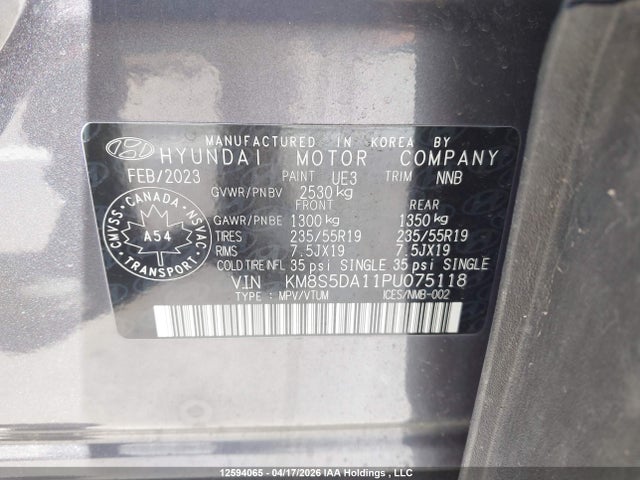 Aukcja sprzedaży 2023 Hyundai Santa Fe Luxury Hybrid Awd, vin: KM8S5DA11PU075118, numer aukcji: 12594065