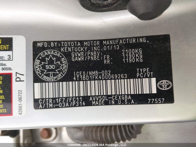 2013 Toyota Camry Hybrid/le/xle მანქანა იყიდება აუქციონზე, vin: 4T1BD1FK4DU069263, აუქციონის ნომერი: 12594066