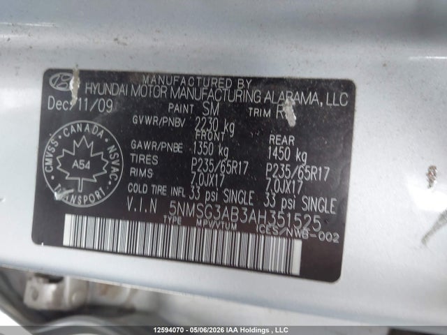 Aukcja sprzedaży 2010 Hyundai Santa Fe Gl 2.4, vin: 5NMSG3AB3AH351525, numer aukcji: 12594070