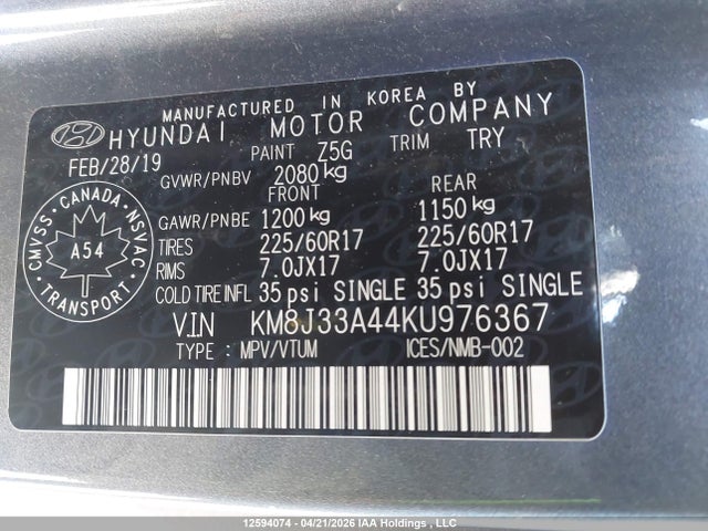 Продаж на аукціоні авто 2019 Hyundai Tucson Preferred, vin: KM8J33A44KU976367, номер лоту: 12594074