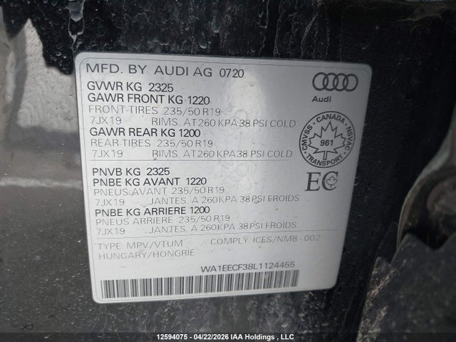 12594075 :رقم المزاد ، WA1EECF38L1124455 vin ، 2020 Audi Q3 45 Progressiv مزاد بيع
