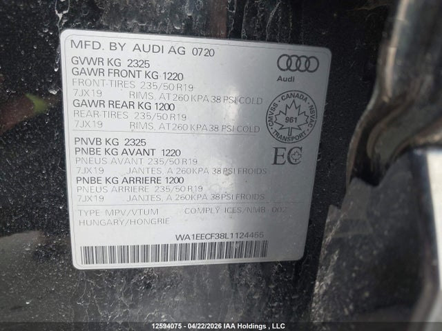 12594075 :رقم المزاد ، WA1EECF38L1124455 vin ، 2020 Audi Q3 45 Progressiv مزاد بيع