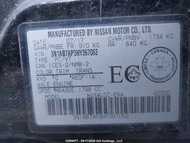 3N1AB7AP3HY367062 Nissan Sentra S/sv/sr/sl