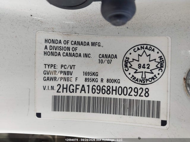 Aukcja sprzedaży 2008 Honda Civic Ex-l, vin: 2HGFA16968H002928, numer aukcji: 12594078