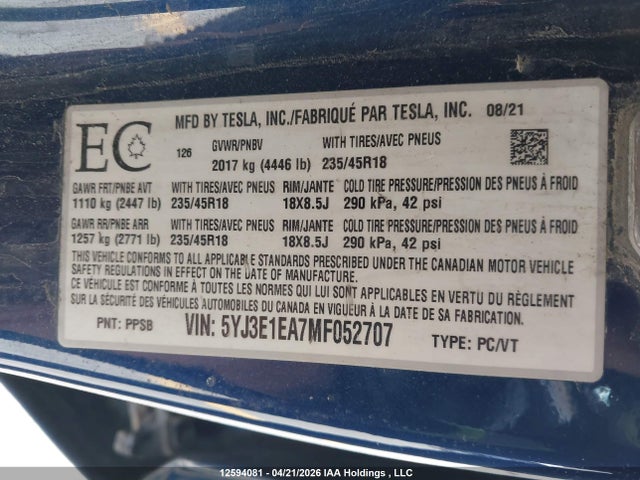 Продажа на аукционе авто 2021 Tesla Model 3 Standard Range/standard Range Plus, vin: 5YJ3E1EA7MF052707, номер лота: 12594081