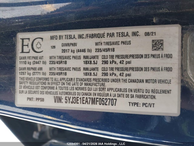 Aukcja sprzedaży 2021 Tesla Model 3 Standard Range/standard Range Plus, vin: 5YJ3E1EA7MF052707, numer aukcji: 12594081