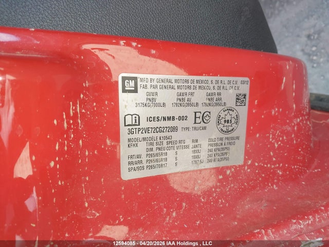 Aukcja sprzedaży 2012 Gmc Sierra 1500 Sle, vin: 3GTP2VE72CG272089, numer aukcji: 12594085